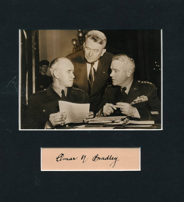 OMAR BRADLEY (1893-1981, senior US Army commander during WW2) signature on piece, window mounted with photograph. Also Sir James Parr (1869-1941, NZ High Commissioner to London), page from a c1927-30 League of Nations visitor's book, with signature & hand