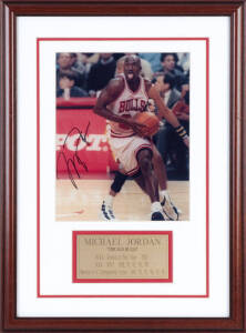 MICHAEL JORDAN, signed photograph, window mounted, framed & glazed, overall 36x49cm. With CoA.