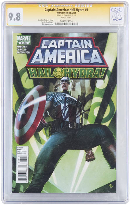 STAN LEE: Signature on comic "Captain America: Hail Hydra #1" (CGC graded 9.8) Very nice collectable piece in perspex grading case.