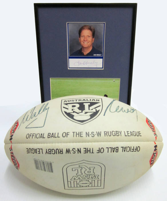 SPORT: Wally Lewis signature on 'Steeden' football; plus signed displays of Greg Norman, Jack Nicklaus & Ian Healy.