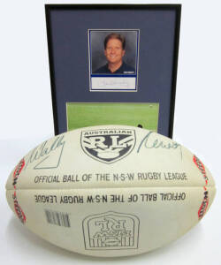 SPORT: Wally Lewis signature on 'Steeden' football; plus signed displays of Greg Norman, Jack Nicklaus & Ian Healy.
