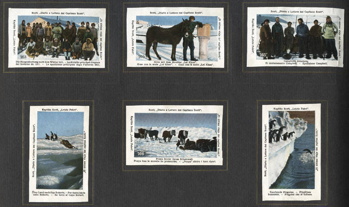 "BILDMARKEN AUS DEM WERKE: KAPITAN SCOTT LETZTE FAHRT" - [PHOTO-IMAGES FROM THE WORK: CAPTAIN SCOTT"S LAST JOURNEY] circa 1915 superb German album containing the complete set of 240 photographic labels (colour, sepia & black and white) depicting scenes fr