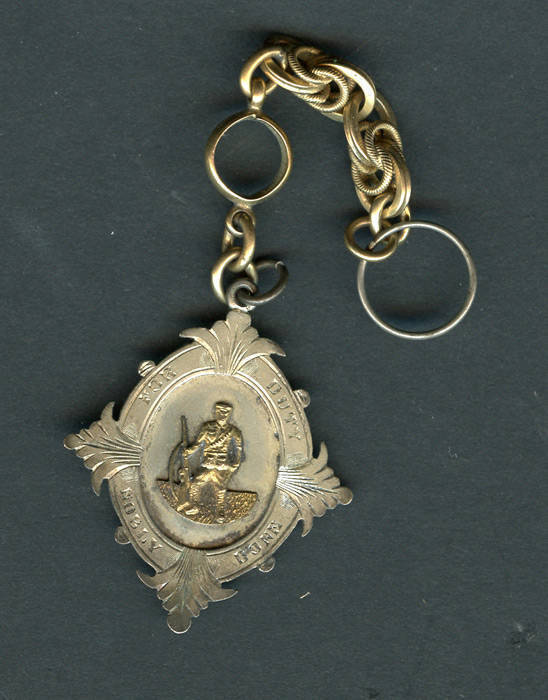 FOBS & MEDALS, noted WW1 return fob "For Duty Nobly Done" engraved on reverse "From Citizens Fivedock & Abbotsford, R.J.D.Goodwin, 1918", in sterling silver; shooting medal/fob "H.Coy V.Rangers, Challenge Cup, 1906, Pte Thompson"; "The Royal Life Saving S