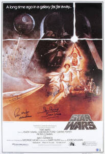 "STAR WARS", one-sheet poster (1993 re-issue) signed by 6 original cast members - Mark Hamill (Luke Skywalker), Carrie Fisher (Princess Leia), David Prowse (Darth Vader), Peter Mayhew (Chewbacca), Anthony Daniels (C-3PO) & Kenny Baker (R2-D2), size 69x102