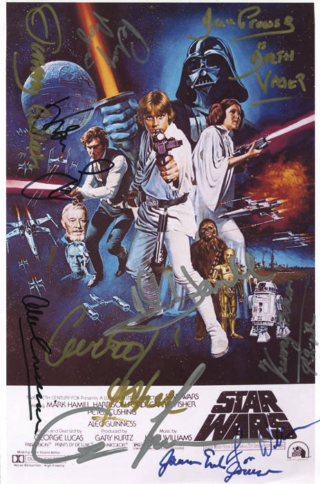 STAR WARS: AUTOGRAPHS: Collection of autographs from the original film series on photos and flyers including; majority cast with George Lucas on A4 movie flyer; Kenny Baker; Mark Hamill; Peter Mayhew; Billy Dee Williams; Femi Taylor; Carrie Fisher; David