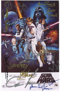 STAR WARS: AUTOGRAPHS: Collection of autographs from the original film series on photos and flyers including; majority cast with George Lucas on A4 movie flyer; Kenny Baker; Mark Hamill; Peter Mayhew; Billy Dee Williams; Femi Taylor; Carrie Fisher; David 