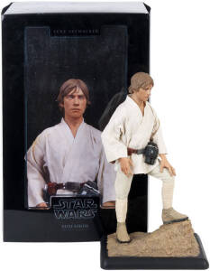 STAR WARS: Luke Skywalker 1/4 Scale Statue by Sideshow Collectibles, a film-accurate representation. This museum quality mixed-media figure is composed of polystone, metal, and expertly tailored clothing, and captures the iconic moment where Luke stares o
