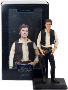 STAR WARS: Han Solo 1/4 Scale Statue by Sideshow Collectibles, fully authentic to Star Wars: A New Hope, from the Harrison Ford likeness to the Millennium Falcon interior grating inspired base. Every detail of Han's costume and each of his accessories has