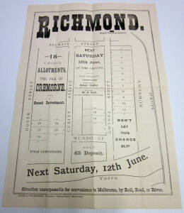 REAL ESTATE POSTER: c1886 real estate poster, "Richmond. 18 Choice Allotments, The Pick of Cremorne. A Grand Investment. Next Saturday 12th June, On the Ground", with plan of subdivision, overall 28x40cm.