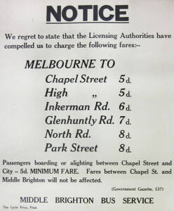 Licensing Authorities change of rate fare, 1950 Middle Brighton Bus Service Melbourne fare to Chapel, Inkerman etc and the new costs. In mint condition on heavy cardboard.