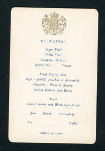 1958 ROYAL VISIT: Victorian Railways menu cards for meals taken on-board the Royal Train by HM The Queen Mother during her 1958 Royal Visit: Luncheon, 3rd March (2); Breakfast, 5th March (2); Luncheon, 5th March. 94x145mm, embossed in gold with the royal 