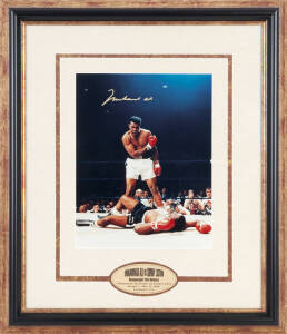 MUHAMMAD ALI, display with signed colour photograph of Ali standing over Sonny Liston, window mounted, framed & glazed, overall 57x66cm.