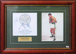 LIONEL ROSE, display comprising signature on "Hall of Fame - Inaugural Inductions" dinner menu, window mounted with photograph, framed & glazed, overall 64x48cm.