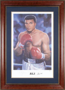 MUHAMMAD ALI: Print "Muhammad Ali" by Mark Sofilas, signed by Muhammad Ali and the artist and numbered 229/250, window mounted, framed & glazed, overall 83x116cm.
