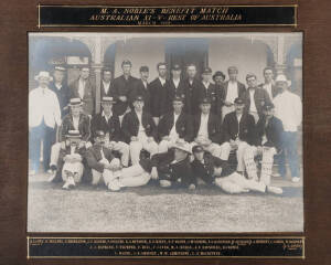 1908 MONTY NOBLE'S BENEFIT MATCH, AUSTRALIAN XI v REST OF AUSTRALIA, rare photograph showing both teams, with title "M.A.Noble's Benefit Match, Australian XI v Rest of Australia, March 1908", and players names on mount in gold block lettering, overall 63x