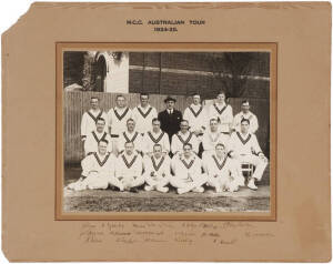 1924-25 ENGLAND TEAM, official team photograph, with title "M.C.C. Australian Tour, 1924-25", and with 18 signatures on mount including A.E.R.Gilligan (captain), J.B.Hobbs, Herbert Sutcliffe, J.W.H.T.Douglas, Patsy Hendren & Maurice Tate, overall 61x48cm.