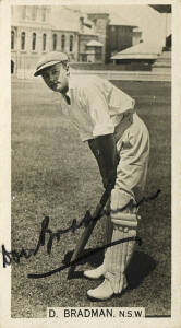 DON BRADMAN, three signed cricket cards - Wills "Cricket season 1928-29", Players "Cricketers 1930" & Godfrey Phillips "Australian Sporting Celebrities". G/VG.