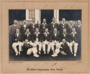 1930 AUSTRALIAN TEAM, large official team photograph, taken by Bolland, titled "The 1930 (17th) Australian Test Team", signed to mount by the entire team, 17 signatures - W.L.Kelly (manager), Archie Jackson (scarce - he died of TB in 1933), Tim Wall, Ted 