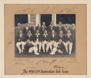 1930 AUSTRALIAN TEAM, official team photograph, taken by Bolland, titled "The 1930 (17th) Australian Test Team", signed to mount by the entire team, 17 signatures - W.L.Kelly (manager), Archie Jackson (scarce - he died of TB in 1933), Tim Wall, Ted A'Beck