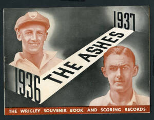 "In Quest of the Ashes 1934 - The Don Bradman Souvenir Booklet and Scoring Records" published by Wrigleys, with the scarce scoring sheet; plus "1936-1937 The Ashes - The Wrigley Souvenir Book and Scoring Records" (2 - one with scoring sheet). Fair/Good co