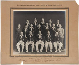 1935-36 AUSTRALIAN TEAM, original team photograph, titled "The Australian Cricket Team - South African Tour, 1935-6", signed on mount by the entire team, 17 signatures including Victor Richardson, Stan McCabe, Clarrie Grimmett & Bert Oldfield, size 43x36c