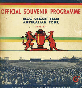 1936-37 rare tour guide "Official Souvenir Programme, MCC Cricket Team Australian Tour 1936-1937", issued by the NSW Cricket Association [Sydney, 1936]. Fair/Good condition.