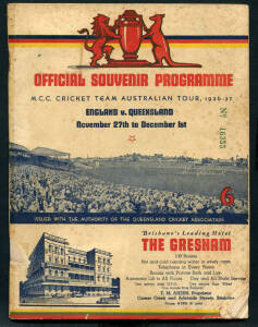 1936-37 scarce programme "Official Souvenir Programme, MCC Cricket Team Australian Tour, 1936-37, England v Queensland, November 27th to December 1st" [Brisbane, 1936]. Fair/Good condition.