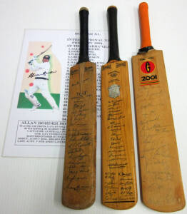 MINIATURE BATS: Miniature bat with facsimile autographs of 1938 Australia & England teams with plaque affixed "D.Williamson, 134 N.O. St.Johns v Police 26.12.39"; miniature bat with facsimile autographs of 1948 Invincibles (some wear); miniature bat signe