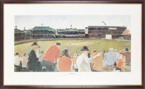 DON BRADMAN, print "From the Hill - Don Bradman hits the single that gives him 100 first class centuries, November 15, 1947" by Wesley Walters, numbered 363/1250 and signed by Don Bradman in lower margin, window mounted, framed & glazed, overall 118x71cm.