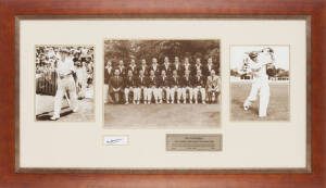 DON BRADMAN, display "The Invincibles" comprising photograph of the 1948 Australian team, window mounted with two photographs of Bradman & signature on piece, framed & glazed, overall 110x63cm.