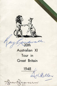 "20th Australian XI Tour in Great Britain 1948", official itinerary booklet published by The Australian Board of Control for International Cricket Matches [Sydney, 1948], signed on front cover by Ray Lindwall, Keith Miller & Bill Brown. Good condition (st