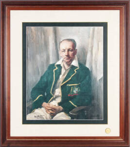 DON BRADMAN, signed print of Don Bradman, limited edition 144/150, window mounted, framed & glazed, overall 82x92cm.