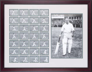 DON BRADMAN, display comprising signed photograph of Bradman walking out to bat, window mounted with 28 frame-by-frame photographs of Bradman batting, framed & glazed, overall 93x72cm. With CoA.