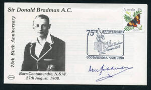 DON BRADMAN, signature on 1983 cover commemorating Bradman's 75th Birthday with special postmark; plus signature on 1997 "Australian Legends - Sir Donald Bradman" Coin FDC.