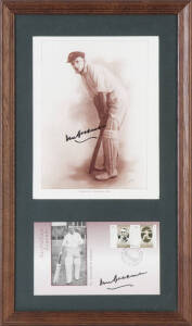 DON BRADMAN, display with signature on APO Australian Legends FDC, window mounted with signed picture of Bradman's batting stance c1928, framed & glazed, overall 29x49cm.