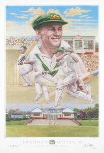 DON BRADMAN, signature on "Don Bradman" print by Brian Clinton, also signed by the artist & numbered 159/1000, published by the Bradman Museum, size 50x77cm.