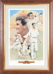 KEITH MILLER, "Sporting Legends - Keith Miller, Australian Cricketer" print by Brian Clinton, signed by the artist and Keith Miller, window mounted, framed and glazed, overall 63x88cm. With Keith Miller collection certificate.