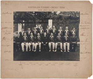 1949-50 AUSTRALIAN TOUR TO SOUTH AFRICA, Australian team photograph with 18 signatures on the mount, noted Lindsay Hassett, Arthur Morris & Ray Lindwall, plus Keith Miller (who was flown out to replace Bill Johnston injured in a car accident), overall 51x