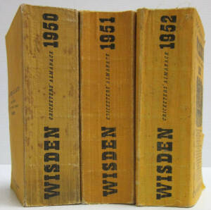 "Wisden Cricketers' Almanack"s for 1950-59, all original limp yellow covers. Fair/Good condition.