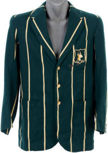 JOHN WAITE'S 1951 SOUTH AFRICAN TEST BLAZER, green with yellow stripes, with embroidered Springbok & "S.A. 1951" on pocket, label endorsed "J.H.B.Waite". Fair/Good condition (some wear to pocket). [John Waite played 50 Tests 1951-64. He was the first Sout