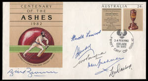 CRICKET AUTOGRAPHS, noted 1982 Centenary of the Ashes FDC with 6 signatures including Don Bradman & Harold Larwood; 1988 Bicentenary FDC with 5 signatures of Australian captains including Don Bradman & Steve Waugh; postcard signed on reverse by Percy Fend