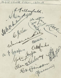 1934-35 New South Wales Team, autograph page with 15 signatures including Les Fallowfield, Ray Robinson, Alan McGilvray, Ray Little & Gordon Horsfield. Fine condition. Ex Hal Hooker's autograph book.