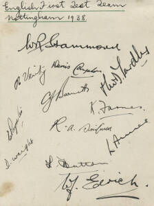 1938 ENGLAND TEAM, 1st Test at Nottingham where they scored 8/668 declared, autograph page with 12 signatures including Walter Hammond (captain), Eddie Paynter (216 not out), C.J.Barnett (126), Len Hutton (100) & Denis Compton (102). Scarce. Ex Hal Hooker