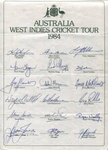 1984 Australian Team to West Indies, official team sheet with 18 signatures including Kim Hughes (captain), Allan Border, David Hookes & Keppler Wessels. Folded, otherwise fine condition.