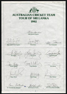 1992 Australian Team to Sri Lanka, official team sheet with 16 signatures including Allan Border, Mark Taylor & Shane Warne. {Warne's first tour - his coming of age. after being belted by the Indians in his debut series in Australia, Warne was chosen to t