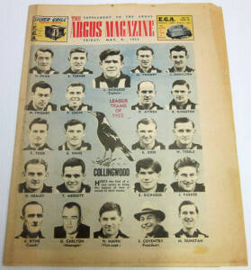 NEWSPAPERS/MAGAZINES: Folder with various newspaper liftouts, c1913-2003, noted 1952 Argus Weekend Magazine "Colour Team Photo" for Collingwood; also Collingwood scrapbook.