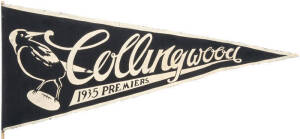 COLLINGWOOD: "Collingwood, 1935 Premiers" pennant. Superb and oversized silk pennant (65cm long), still attached to stick, commemorating the Magpies' 1935 flag. Larger than the usual small pennants, and one of the earliest known Collingwood pennants/flags