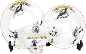 COLLINGWOOD: 1950s cup, saucer and plate set, made by Queen Anne fine bone china, England. Featuring lovely, vivid illustrations of Magpies, Collingwood players in action and a Collingwood logo.