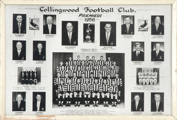 COLLINGWOOD: 1958 Team photograph/photo montage "Collingwood Football Club. Premiers 1958", as awarded to players & officials, framed & glazed, overall 48x33cm.