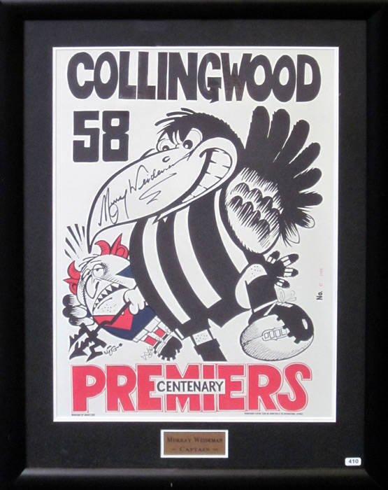 COLLINGWOOD: Weg poster "Collingwood 58/Centenary Premiers", signed by Maurray Weideman, issued at 2002 Premiership Players' Club Induction, window mounted, framed & glazed, overall 65x87cm.